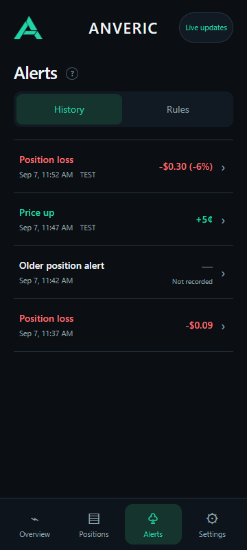 Watchtower Android companion showing an Alerts screen with History and Rules tabs and example alert rows for position loss and price moves, with illustrative data.